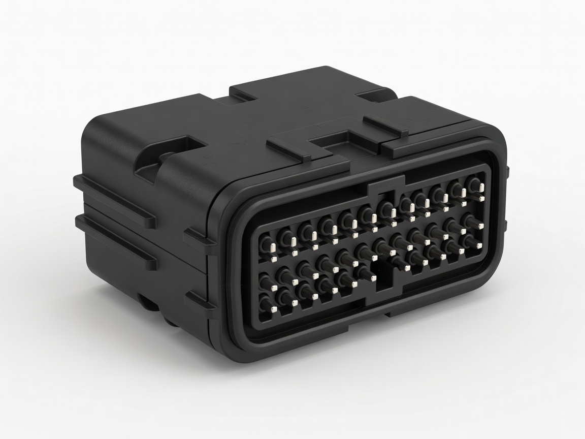 3D render of a sealed multi-pin connector housing with terminals and rubber seals on a white background