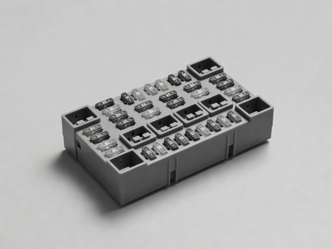 Soft-lit 3D render of a generic fuse and relay distribution block with unmarked blade fuses on a pale grey surface