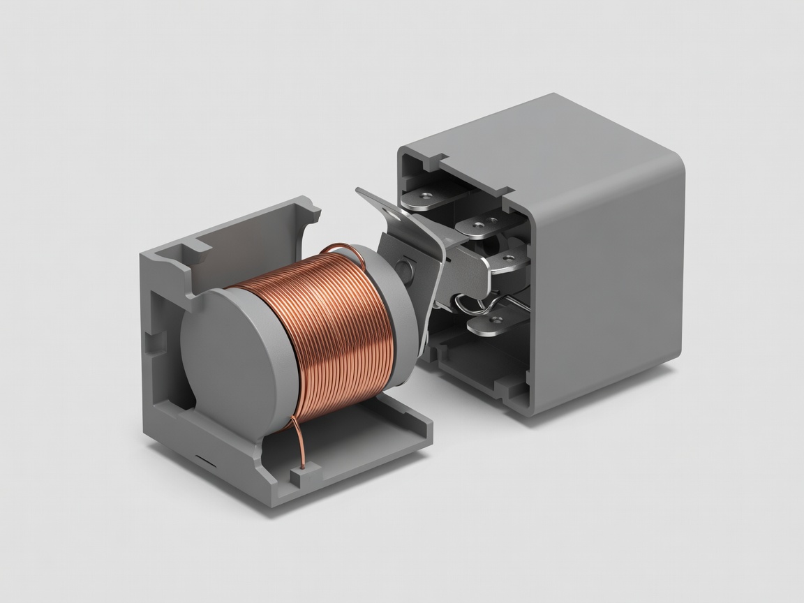 Cutaway 3D render of a generic automotive relay showing coil winding, armature and contacts on pale grey