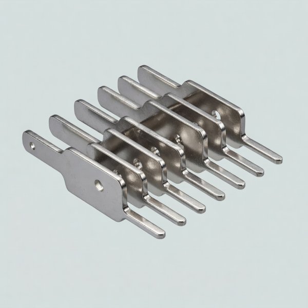 Close-up 3D render of generic relay terminal blades on a plain pale grey background