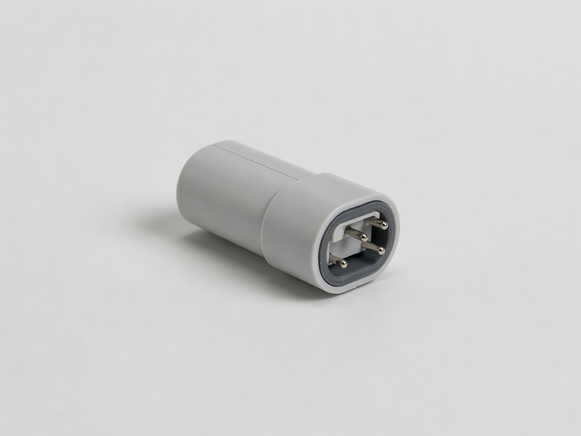 Soft-lit 3D render of a generic three-pin sensor with its sealed connector on a white surface