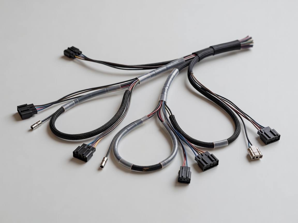 Soft-lit 3D render of a generic wiring harness branch with connectors and protective sleeving on a white surface